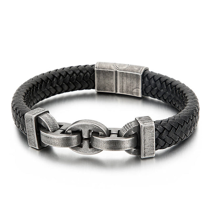 WorldNorse Steel Cuff Braided Leather Bracelet