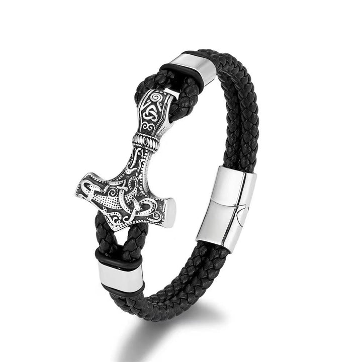 WorldNorse Thor's Hammer Braided Leather Bracelet