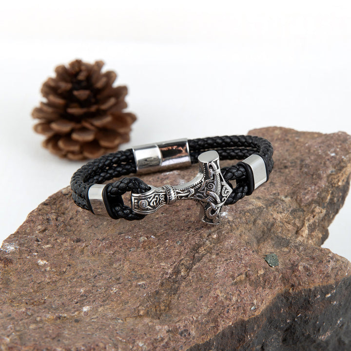 WorldNorse Thor's Hammer Braided Leather Bracelet