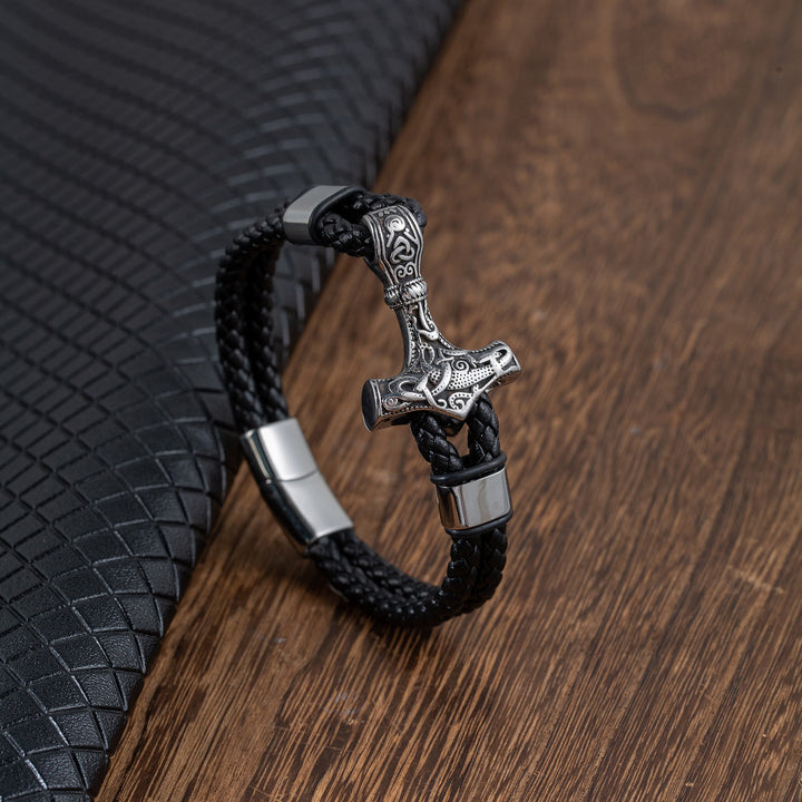 WorldNorse Thor's Hammer Braided Leather Bracelet