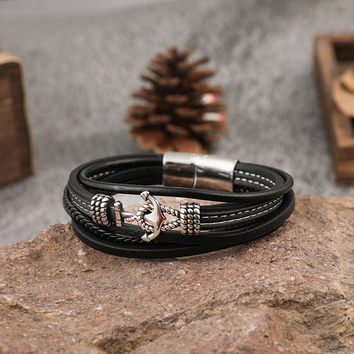 WorldNorse Multi-Layer Anchor Leather Braided Bracelet