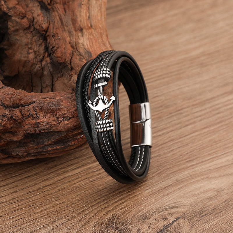 WorldNorse Multi-Layer Anchor Leather Braided Bracelet