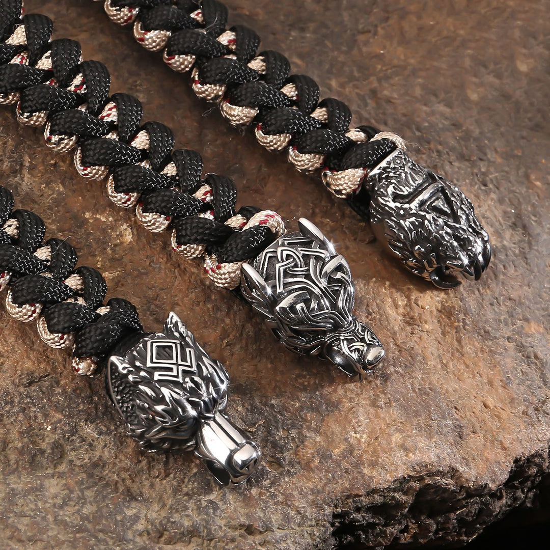 WorldNorse Viking Wolf Head Bear Braided Bracelet