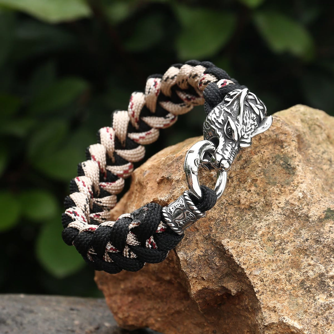 WorldNorse Viking Wolf Head Bear Braided Bracelet