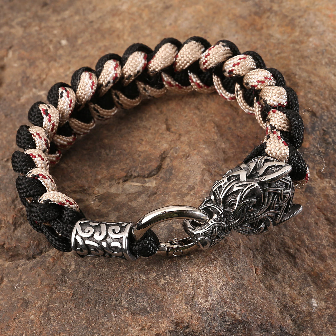 WorldNorse Viking Wolf Head Bear Braided Bracelet