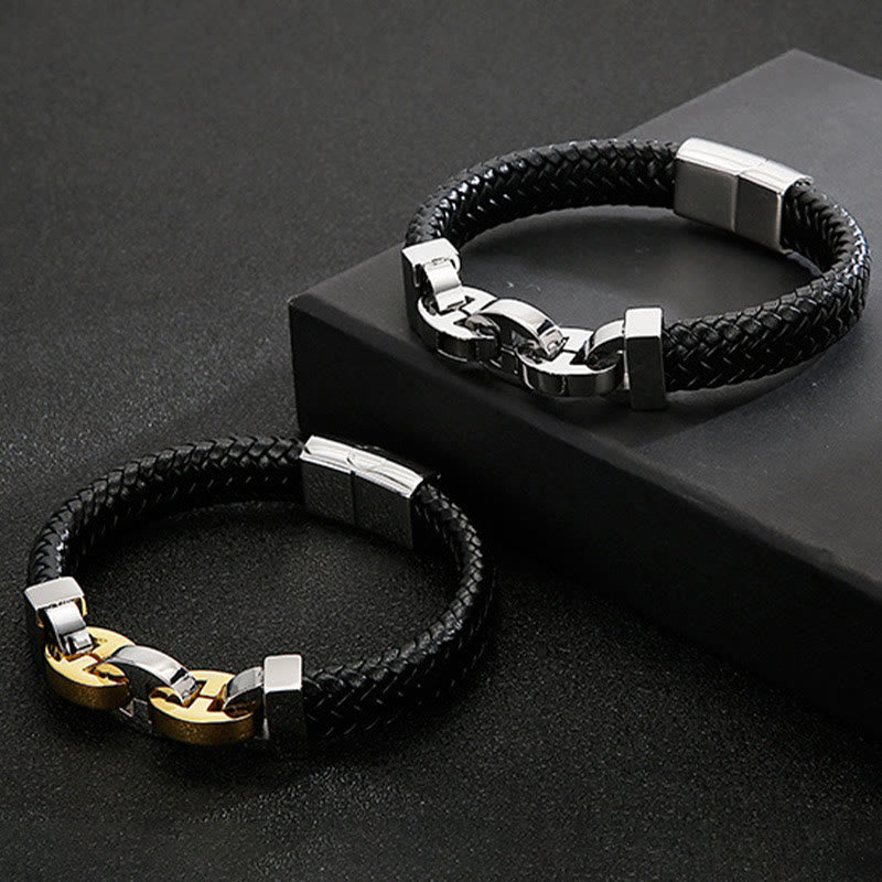 WorldNorse Steel Cuff Braided Leather Bracelet