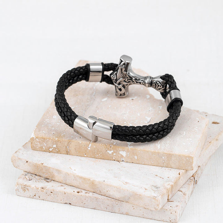 WorldNorse Thor's Hammer Braided Leather Bracelet