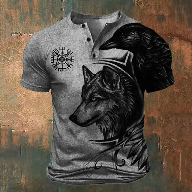 WorldNorse Wolf Viking Vegvisir Henley T-Shirt - Gray - US/UK/AU52，EU62 (6XL) - image 0