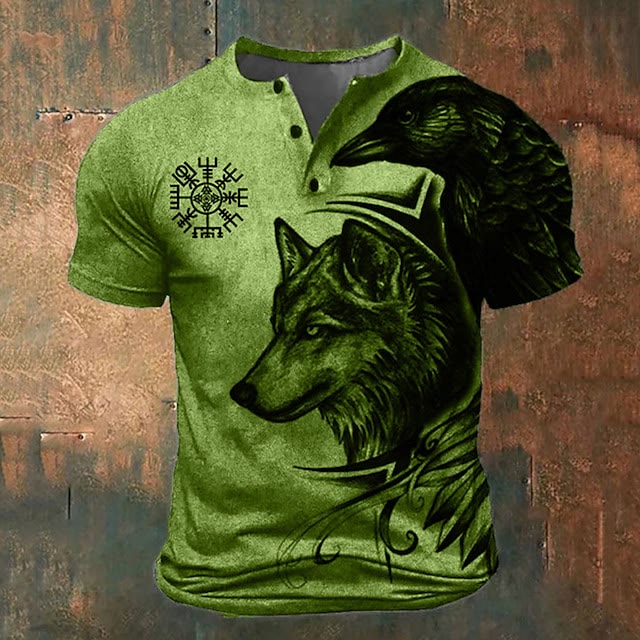 WorldNorse Wolf Viking Vegvisir Henley T-Shirt - Green - US/UK/AU52，EU62 (6XL) - image 3