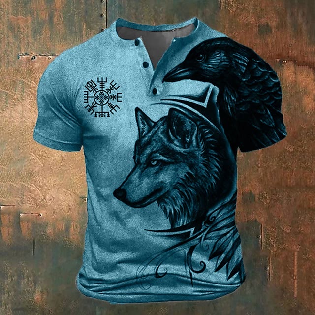 WorldNorse Wolf Viking Vegvisir Henley T-Shirt - Blue - US/UK/AU52，EU62 (6XL) - image 2