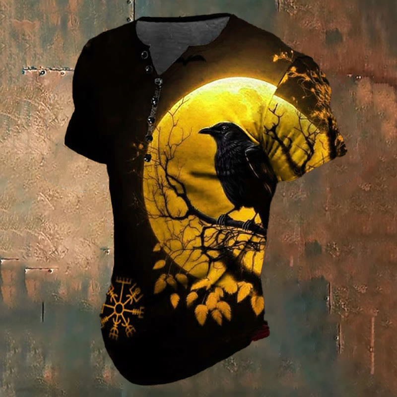 WorldNorse Raven Print Henley T-Shirt - Yellow - US/UK/AU48，EU58 (4XL) - image 1