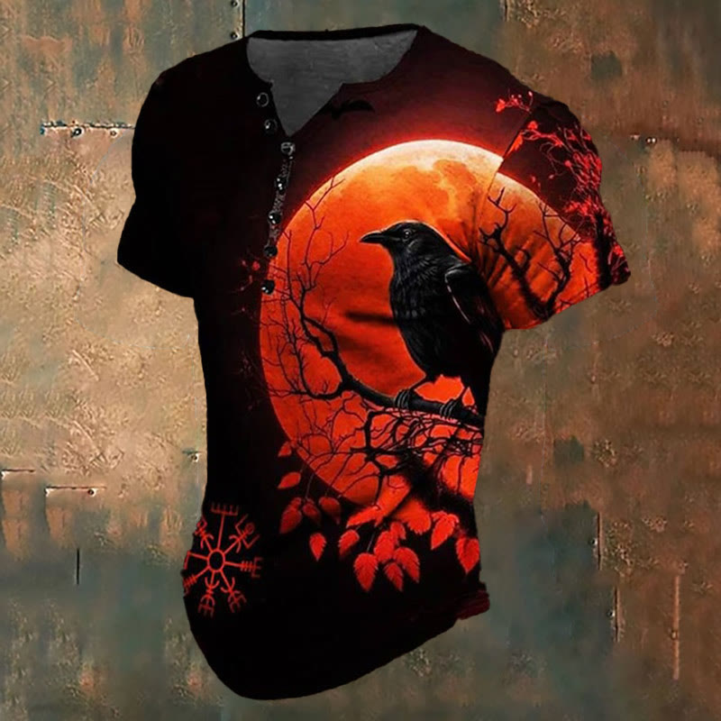 WorldNorse Raven Print Henley T-Shirt - Red - US/UK/AU48，EU58 (4XL) - image 0