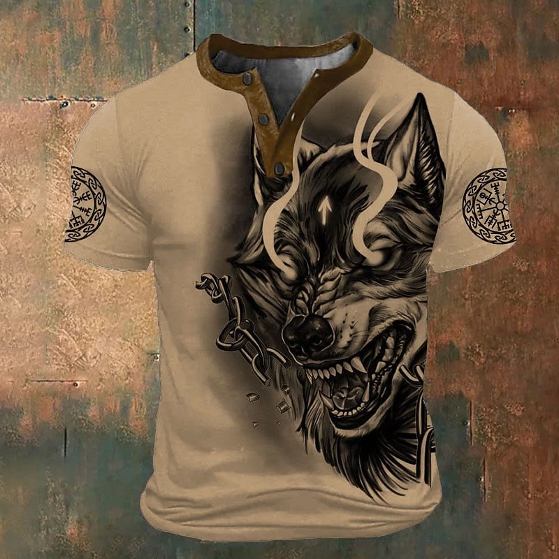 WorldNorse Fenrir Viking Wolf Henley T-Shirt - Khaki - US/UK/AU52，EU62 (6XL) - image 2