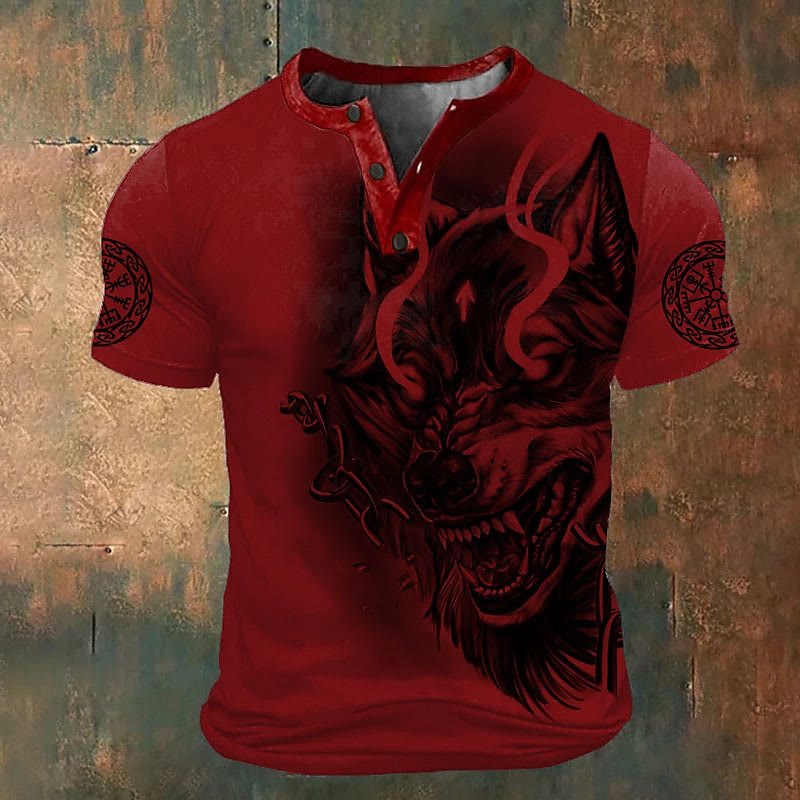 WorldNorse Fenrir Viking Wolf Henley T-Shirt - Red - US/UK/AU52，EU62 (6XL) - image 1