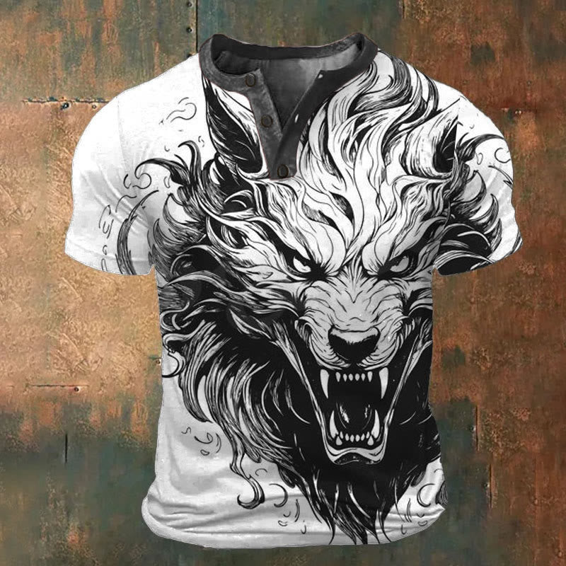 WorldNorse Savage Wolf Art Henley T-Shirt - White - US/UK/AU52，EU62 (6XL) - image 1
