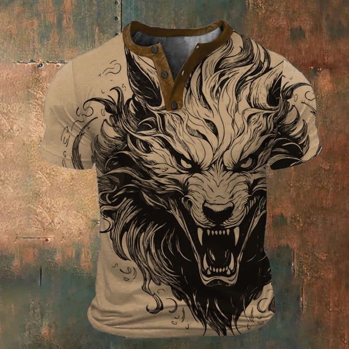 WorldNorse Savage Wolf Art Henley T-Shirt