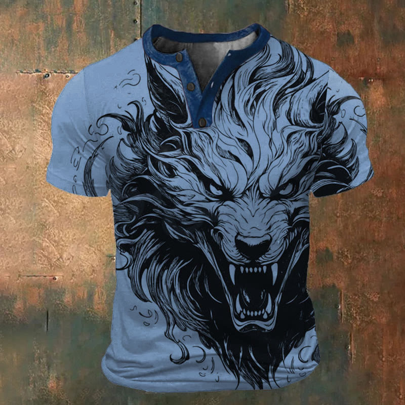 WorldNorse Savage Wolf Art Henley T-Shirt