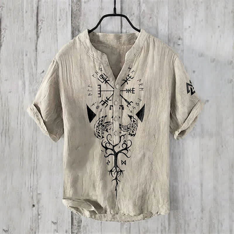 WorldNorse Viking Yggdrasil Vegvisir Valknut Raven Casual Shirt - Beige - US/UK/AU50，EU60 (5XL) - image 1