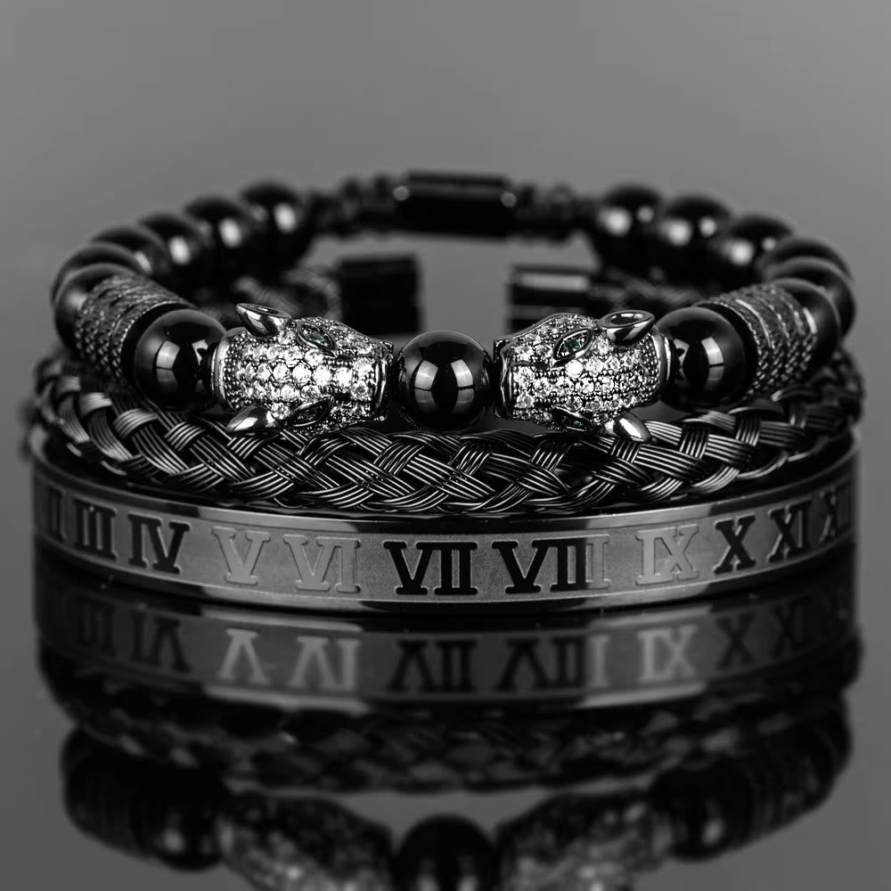 WorldNorse Double Leopard Head Roman Numerals Beaded Bracelet - Black-White-Diamond Set - image 2