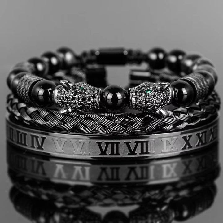 WorldNorse Double Leopard Head Roman Numerals Beaded Bracelet - Black-Black Diamond Set - image 0