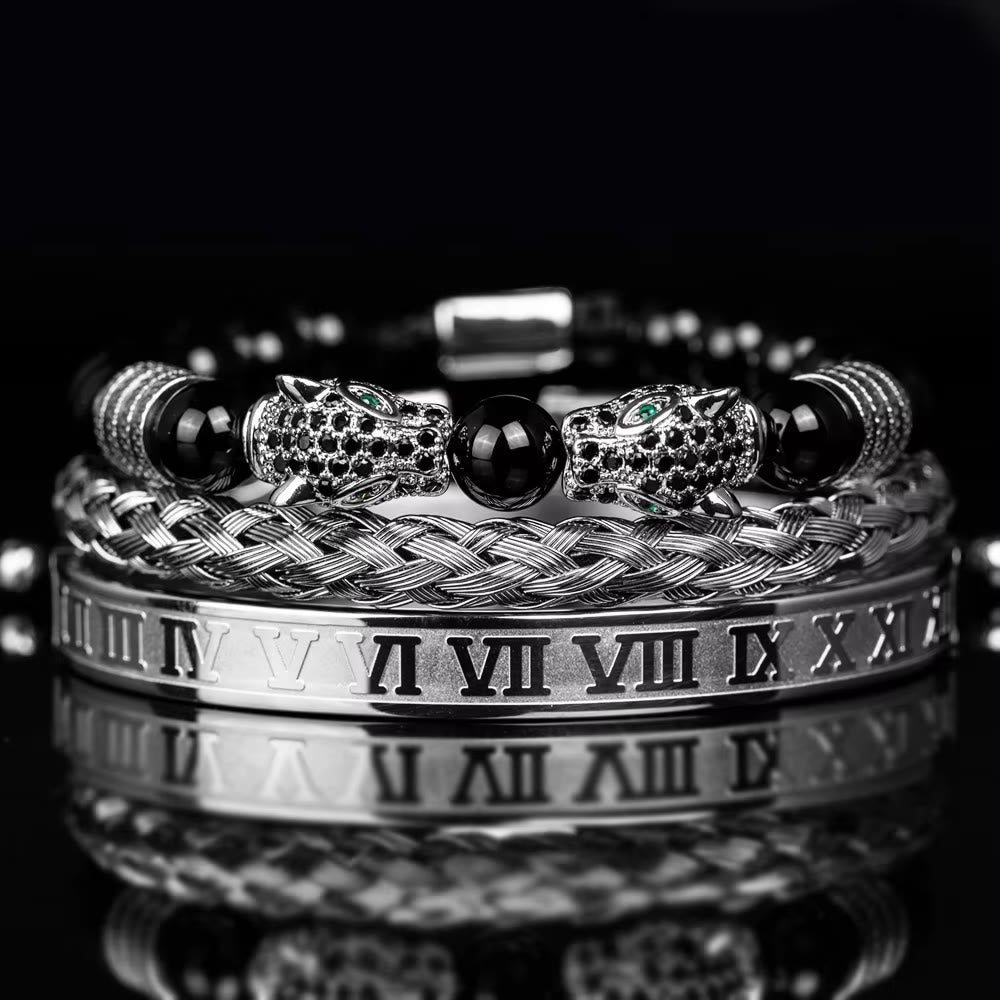 WorldNorse Double Leopard Head Roman Numerals Beaded Bracelet - Silver-Black Diamond Set - image 4