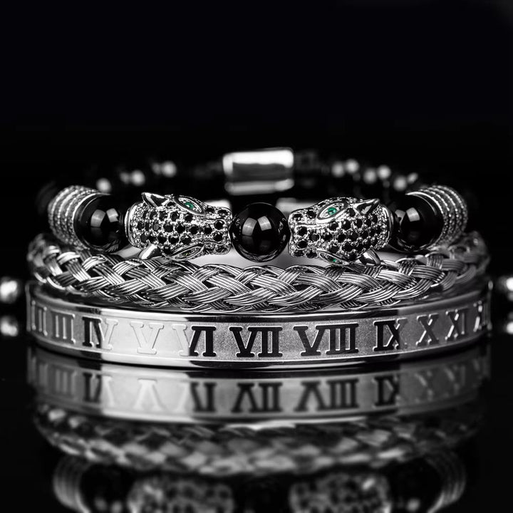 WorldNorse Double Leopard Head Roman Numerals Beaded Bracelet - Silver-Black Diamond Set - image 4