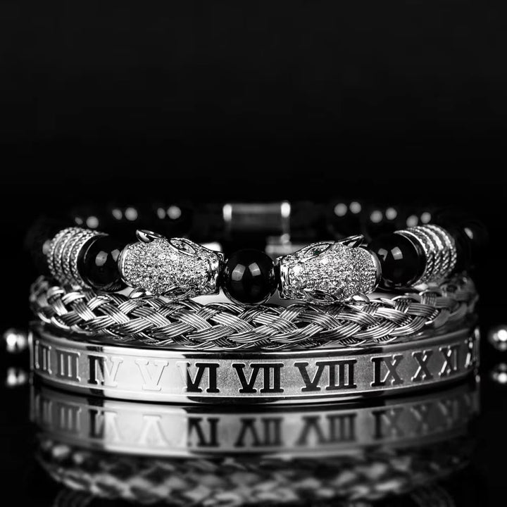 WorldNorse Double Leopard Head Roman Numerals Beaded Bracelet - Silver-White Diamond Set - image 6