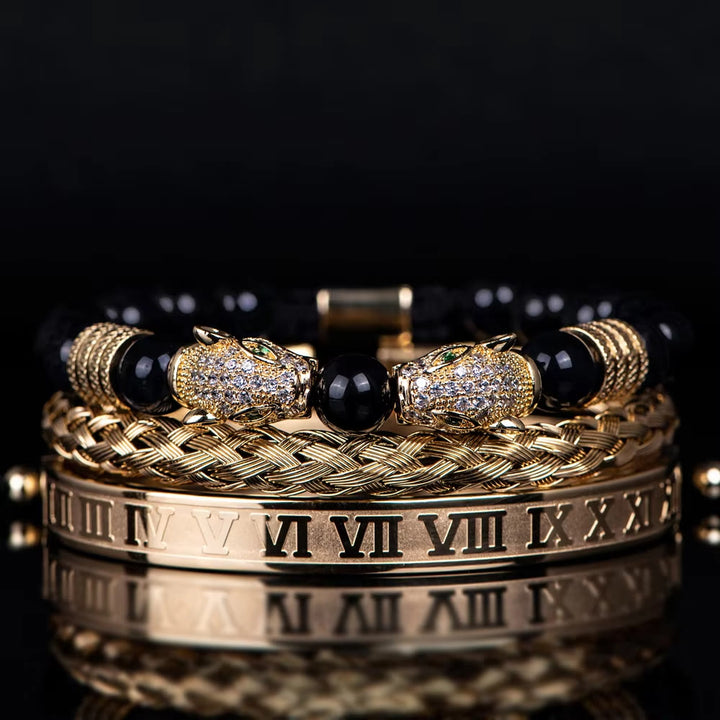 WorldNorse Double Leopard Head Roman Numerals Beaded Bracelet - Gold-White Diamond Set - image 9