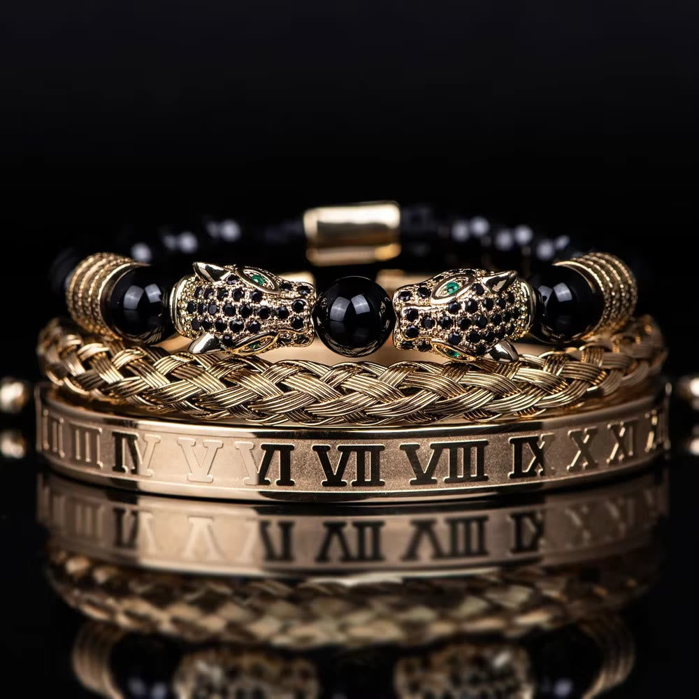 WorldNorse Double Leopard Head Roman Numerals Beaded Bracelet - Gold-Black Diamond Set - image 7