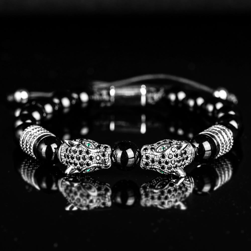 WorldNorse Double Leopard Head Roman Numerals Beaded Bracelet - Silver-Black Diamond Single - image 14