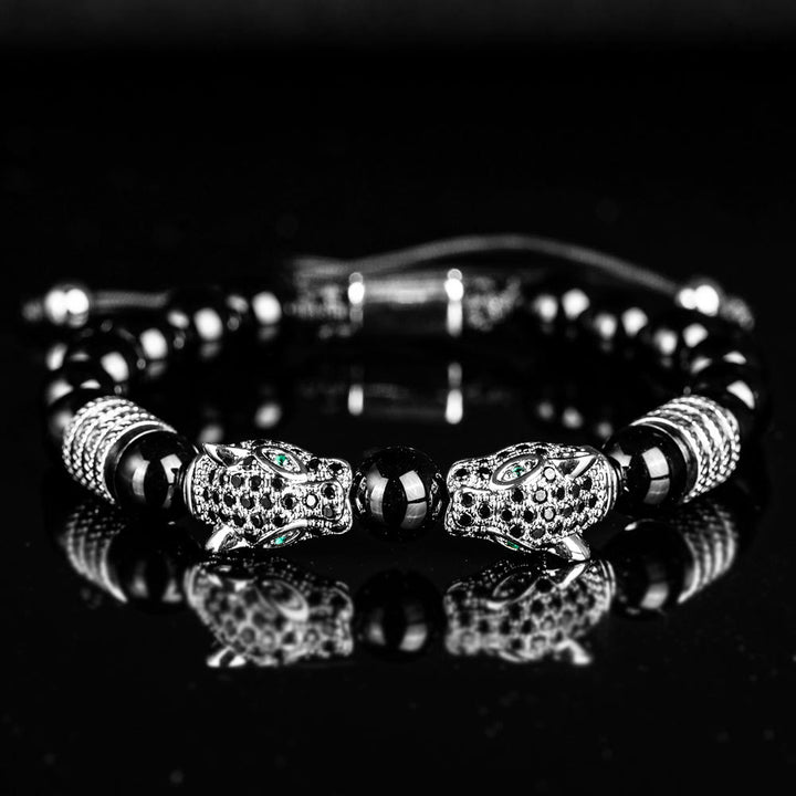 WorldNorse Double Leopard Head Roman Numerals Beaded Bracelet - Silver-Black Diamond Single - image 14