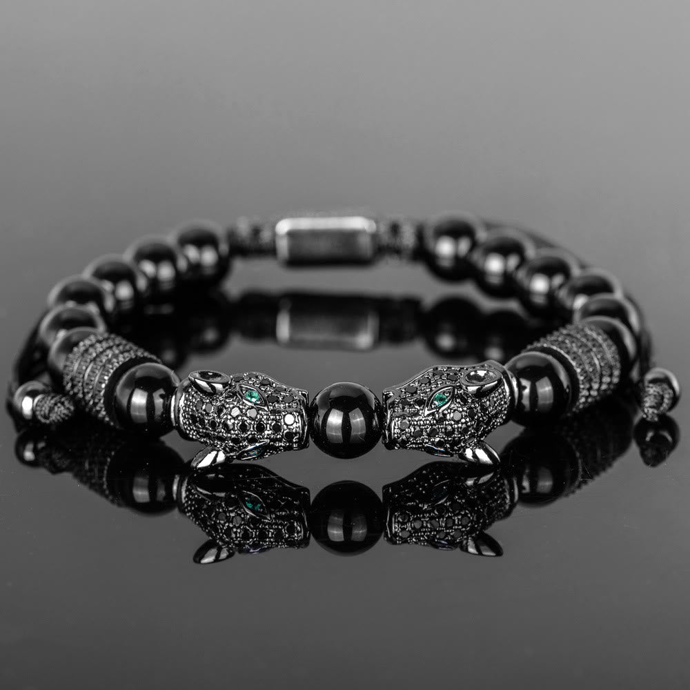 WorldNorse Double Leopard Head Roman Numerals Beaded Bracelet - Black-Black Diamond Single - image 10