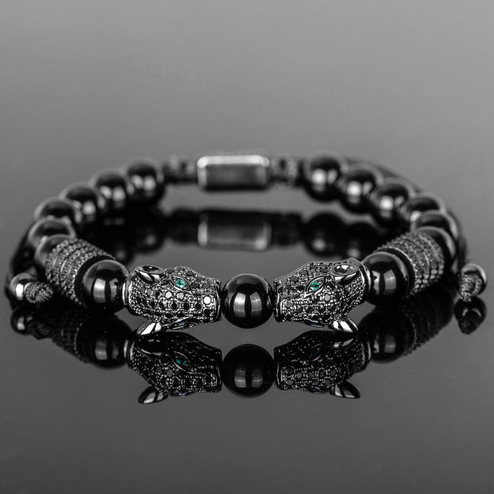 WorldNorse Double Leopard Head Roman Numerals Beaded Bracelet - Black-Black Diamond Single - image 10