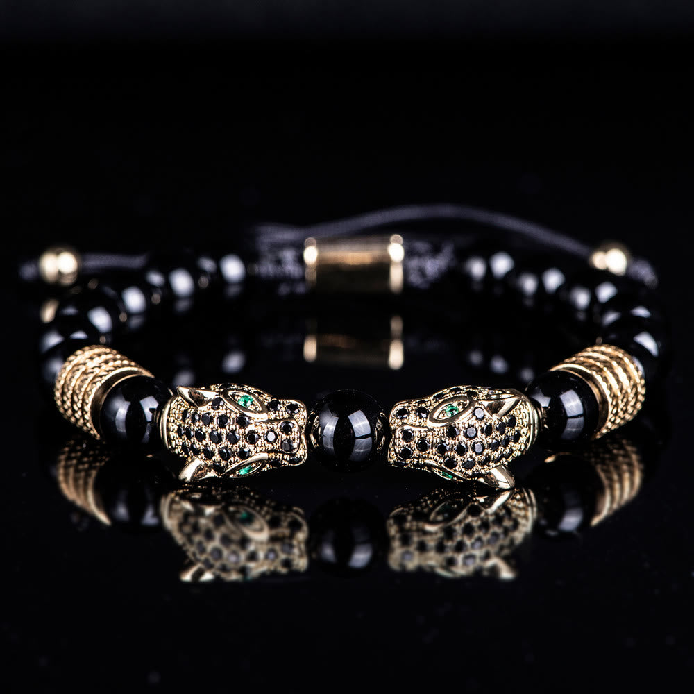 WorldNorse Double Leopard Head Roman Numerals Beaded Bracelet - Gold-Black Diamond Single - image 12