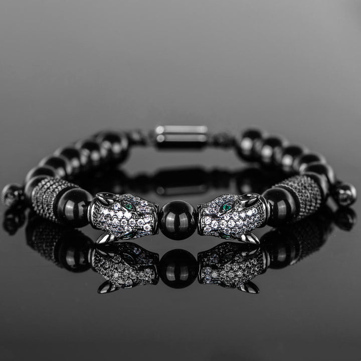 WorldNorse Double Leopard Head Roman Numerals Beaded Bracelet - Black-White-Diamond Single - image 11