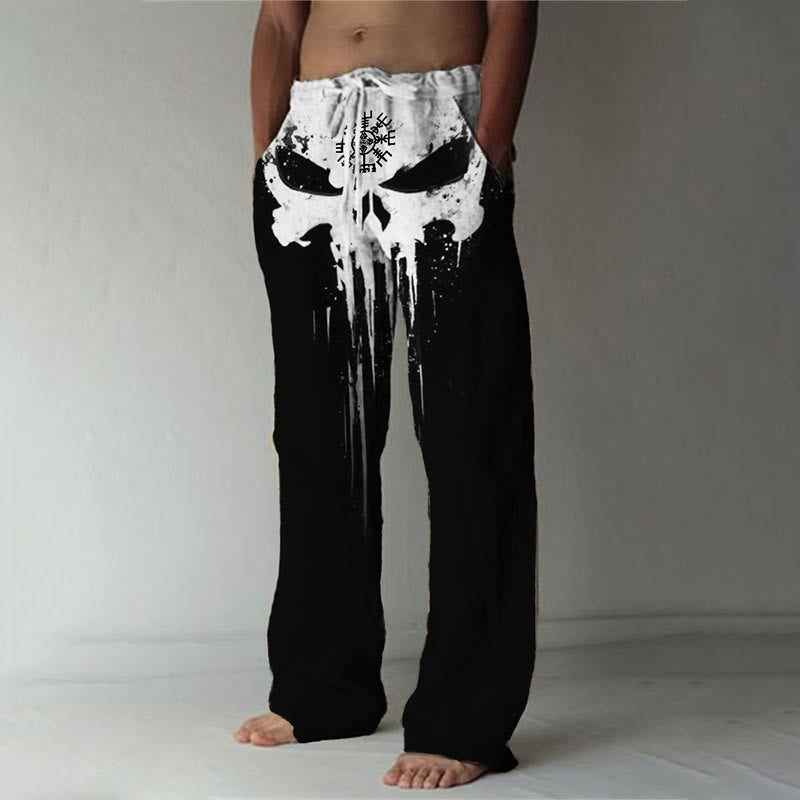 WorldNorse Viking Vegvisir Skull Graffiti Drawstring Casual Pants