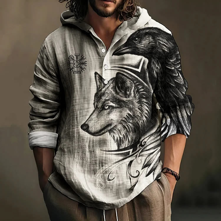 WorldNorse Wolf Raven Vegvisir Hooded Shirt - US/UK/AU50，EU60 (5XL) - image 0