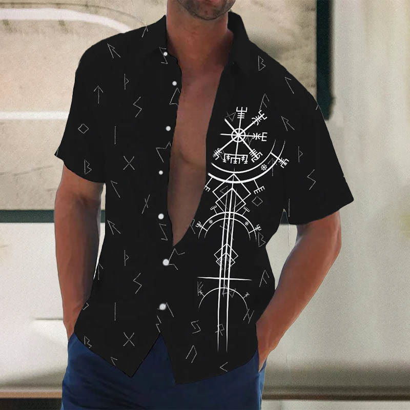 WorldNorse Vegvisir & Runes Short Sleeve Shirt - Black - US/UK/AU50，EU60 (5XL) - image 0