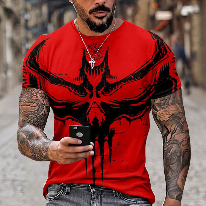 WorldNorse Vegvisir Raven Skull Short T-Shirt - Red - US/UK/AU52，EU62 (6XL) - image 2