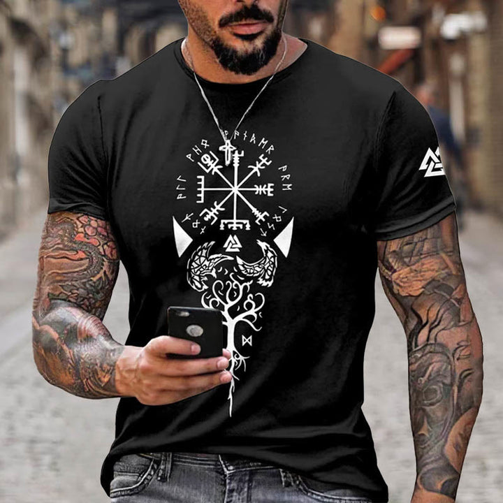WorldNorse Yggdrasil Vegvisir Rune Raven Valknut Short T-Shirt - Black - US/UK/AU52，EU62 (6XL) - image 0
