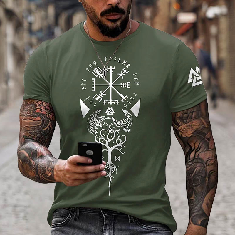 WorldNorse Yggdrasil Vegvisir Rune Raven Valknut Short T-Shirt - Green - US/UK/AU52，EU62 (6XL) - image 3