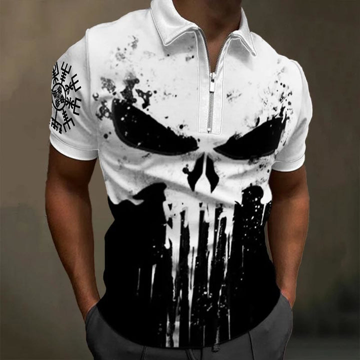 WorldNorse Vegvisir Skull Contrast Color Zipper Polo Shirt