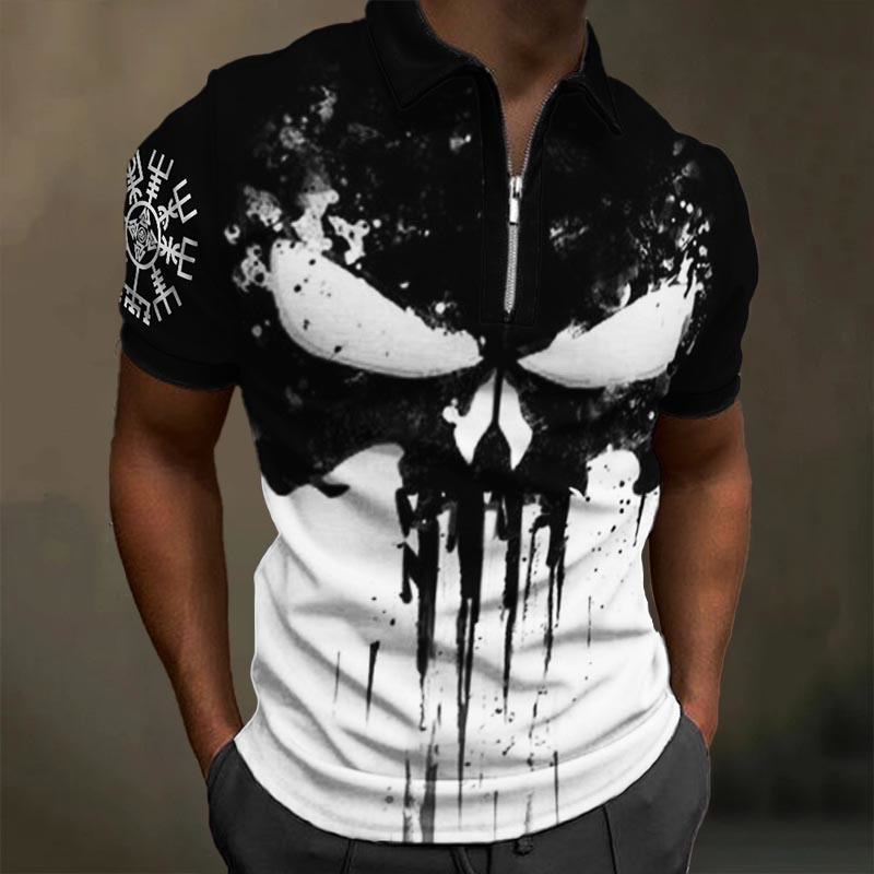 WorldNorse Vegvisir Skull Contrast Color Zipper Polo Shirt