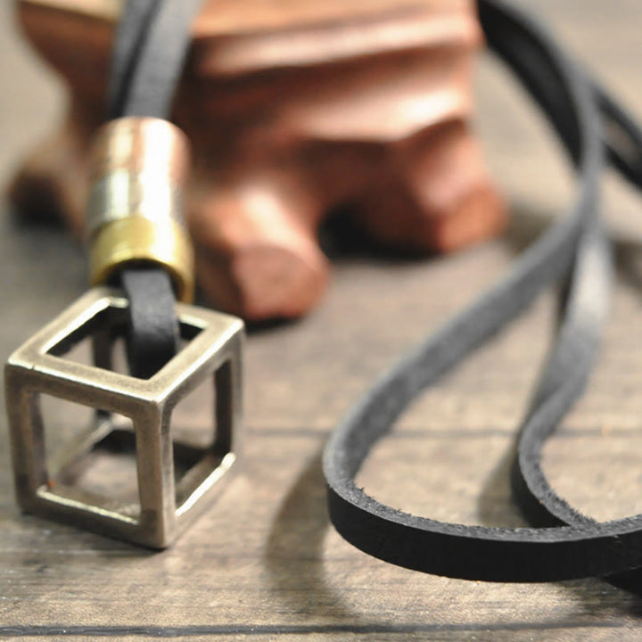 FREE Today: Vintage Metal Cube Pendant Leather Necklace