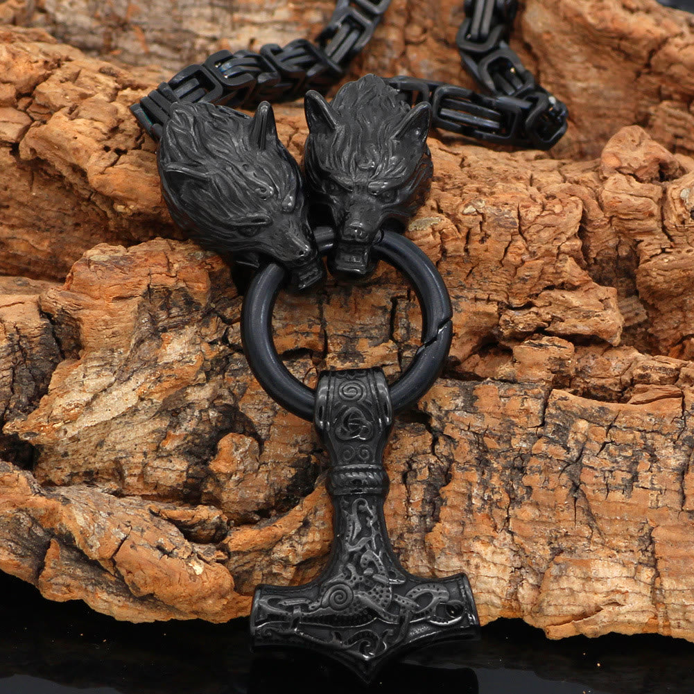 WorldNorse Viking Style Wolf Head Mjolnir Necklace - 90cm - image 1