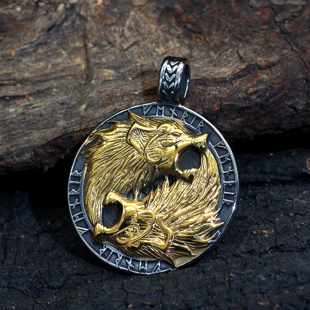 WorldNorse Odin's Wolves with Runic Inscription Necklace