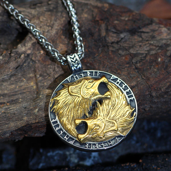 WorldNorse Odin's Wolves with Runic Inscription Necklace
