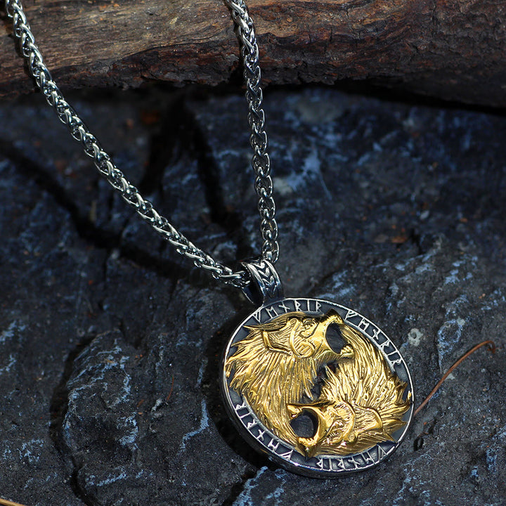 WorldNorse Odin's Wolves with Runic Inscription Necklace