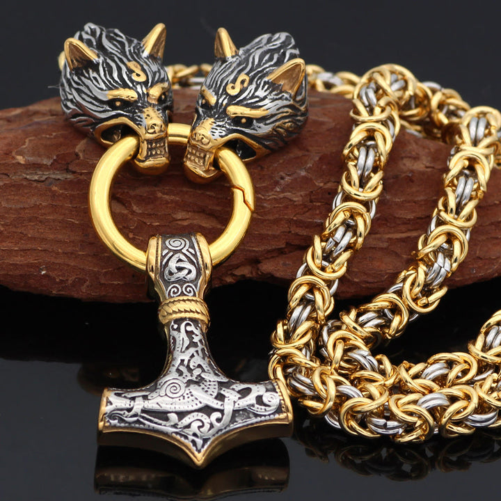 WorldNorse Twin Wolf Head Mjölnir Necklace