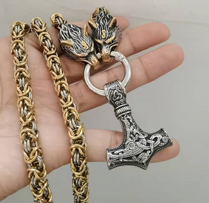 WorldNorse Twin Wolf Head Mjölnir Necklace